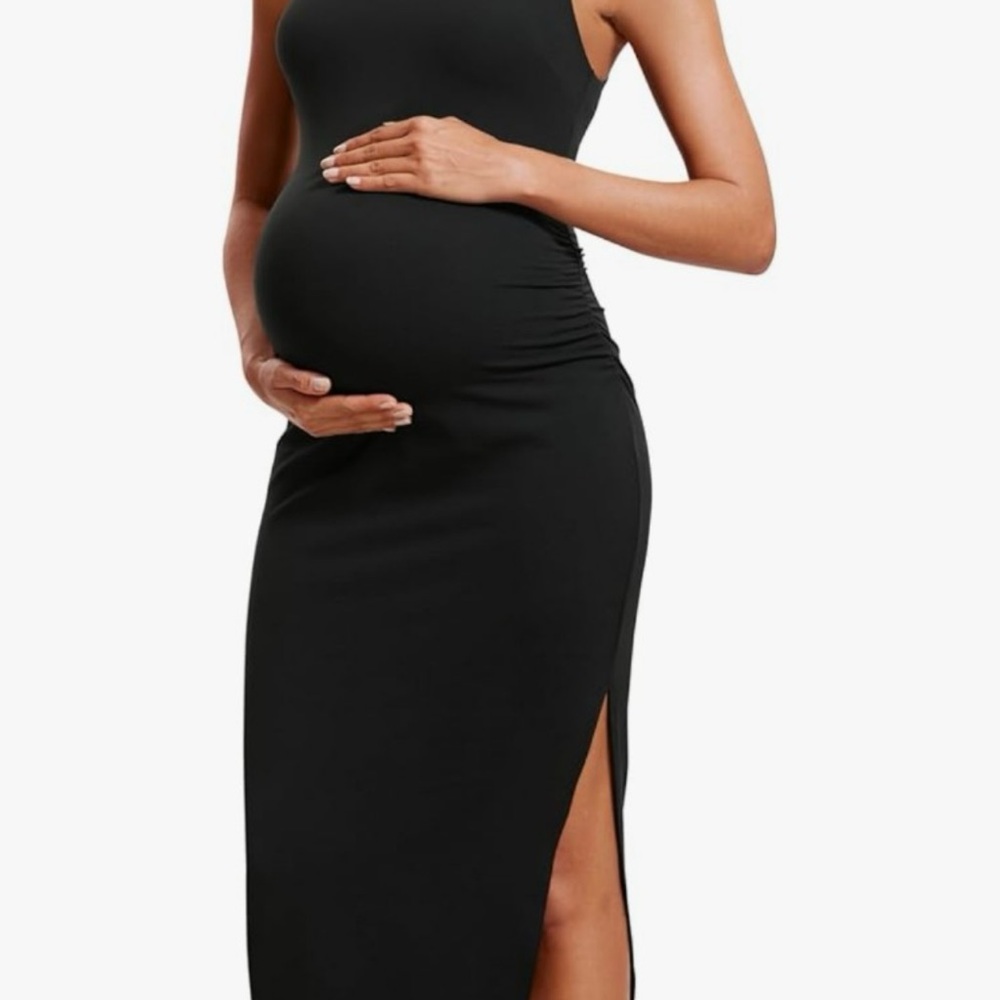 CRZ YOGA Women's Maternity Black Square Neck Midi Dress
